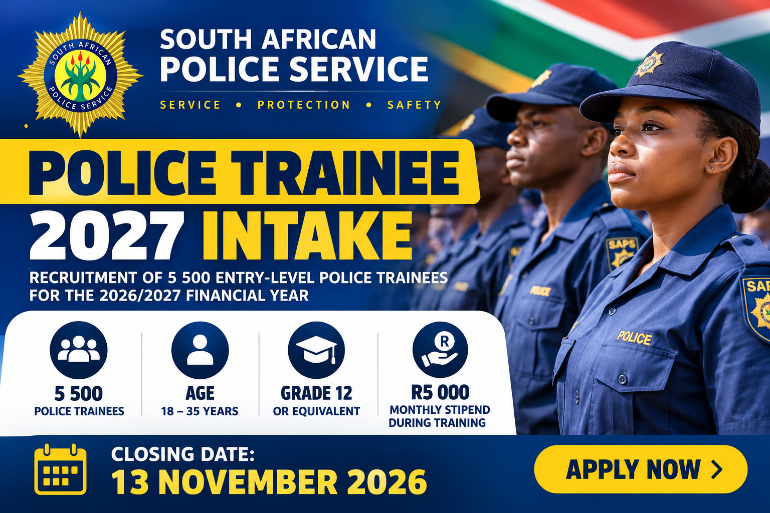 SAPS Police Trainee Recruitment 2026/2027 – 5,500 Posts